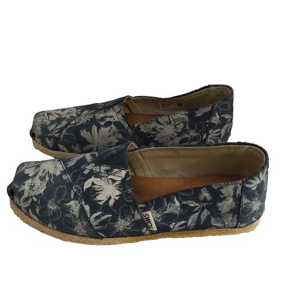Toms Womens Shoes Blue Floral Canvas Slip Ons Size 8.5 Wide Flats Tropical Cozy - Picture 1 of 11